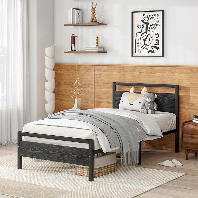 BOFENG Twin Bed Frame with Wood Headboard,Metal Single Platform Bed Frame Twin Size No Box Spring Needed,Heavy Duty Metal Slats Support,Noise Free,Single Bed Base,Easy Assembly,Black