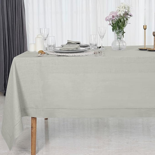 D'Moksha Homes Silver Grey Linen Tablecloth for Rectangle Tables 60 x 84 Inch - Classic Hemstitch 100% Pure Linen Grey Table Cloth - Machine Washable Dining Tablecloth for Christmas