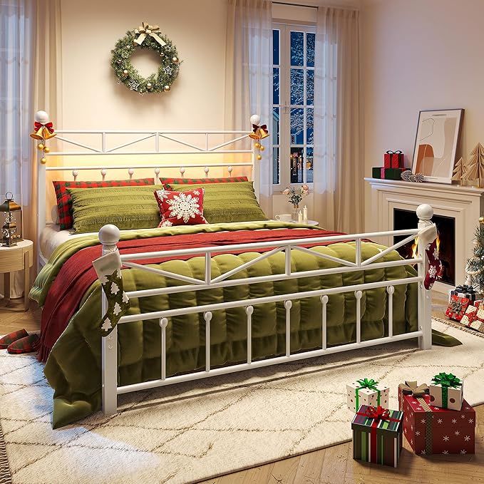 EnHomee Queen Size Metal Platform Bed Frame, 54" Tall Headboard and LED Lights, Victorian Vintage Headboard and Footboard, Under Bed Storage, Heavy Duty Metal Slats & Noise Free, White