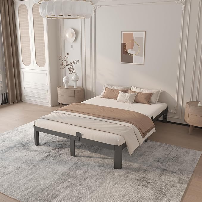 10 Inch Full Bed Frames, Platform Bed with Metal Gaskets, No Box Spring Needed, Anti-Slip Mattress Stopper, Heavy Duty Steel Slat Support, Round Corner Leg, Easy Assembly, Black