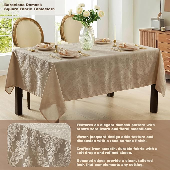 Newbridge Barcelona Luxury Damask Fabric Tablecloth, 52” Wide x 52” Square, Golden Beige, 100% Polyester, No Iron, Soil Resistant Dining Room, Party and Banquet Table Cover