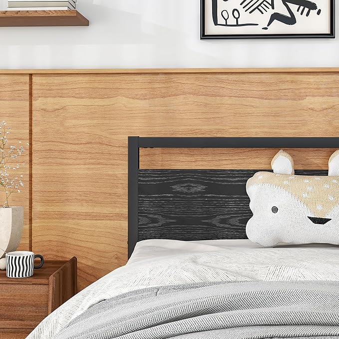 BOFENG Twin Bed Frame with Wood Headboard,Metal Single Platform Bed Frame Twin Size No Box Spring Needed,Heavy Duty Metal Slats Support,Noise Free,Single Bed Base,Easy Assembly,Black