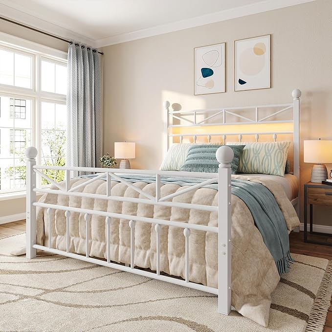 EnHomee 54" Metal Full Size Bed Frame with Tall Headboard & Footboard, LED Light Full Bed Frame, Strong Metal Slats Support and Noise-Free Design with Under Bed Storage/No Box Spring Needed/White