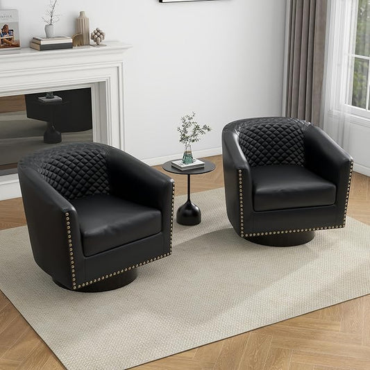 UIXE Swivel Accent Chairs, PU Leather Barrel Club Chair for Living Room, Upholstered Armchair Comfy Single Sofa Bedroom Reading Seat - Black, Set of 2