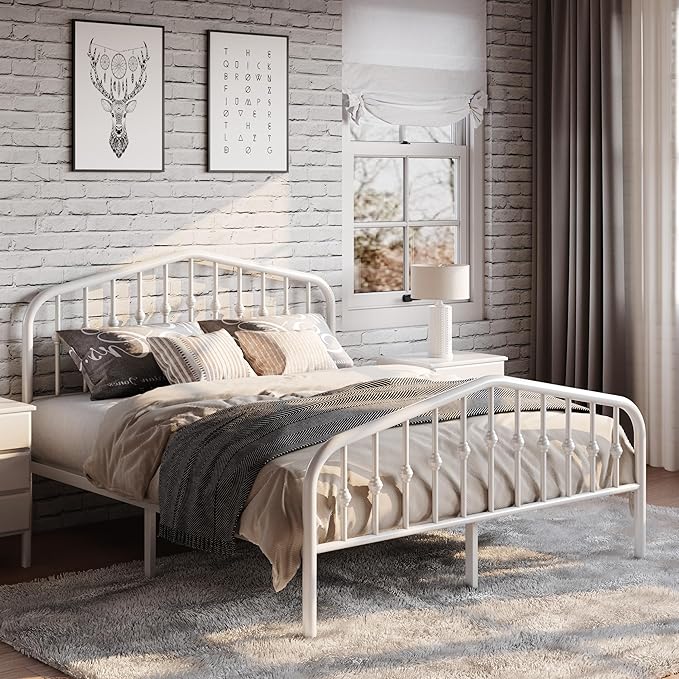 SHA CERLIN Full Size Metal Platform Bed Frame with Victorian Style Wrought Iron-Art Headboard/Footboard, No Box Spring Required, White