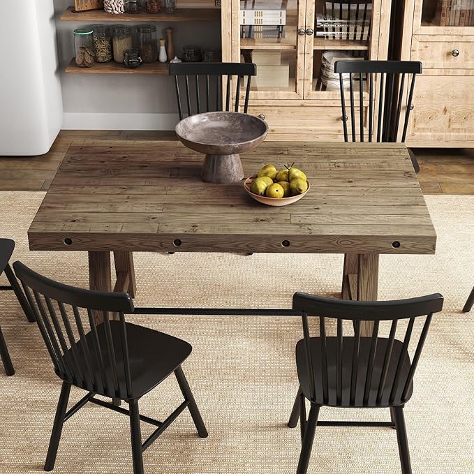 Farmhouse Dinning Table Solid Wood Rustic Kitchen Table for 4-6 People, 59" Wooden Rectangular Kitchen Table with Trestle Base for Dining/Kitchen Room, Walnut