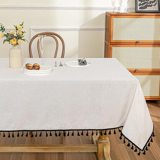 MYSKY HOME Table Cloth 60x84 in Rectangle Table, Cotton Tassel Linen Look Waterproof Tablecloths Farmhouse Tablecloth, Wrinkle Free Table Cover with Black Tassels for Kitchen Dining, Party