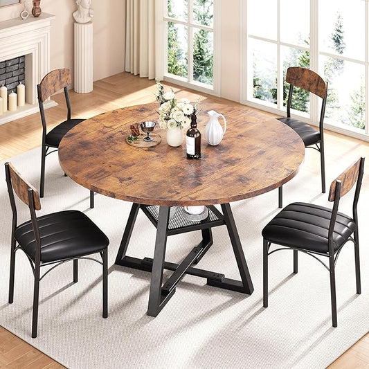 Round Dining Table Set for 6, Kitchen Table and Chairs for 4, Circle Table Round Pedestal Dining Room Dinner Dinette Table Set,5 Piece Space Saving Wood Kitchen & Dining Room Tables (Vintage, 51In)