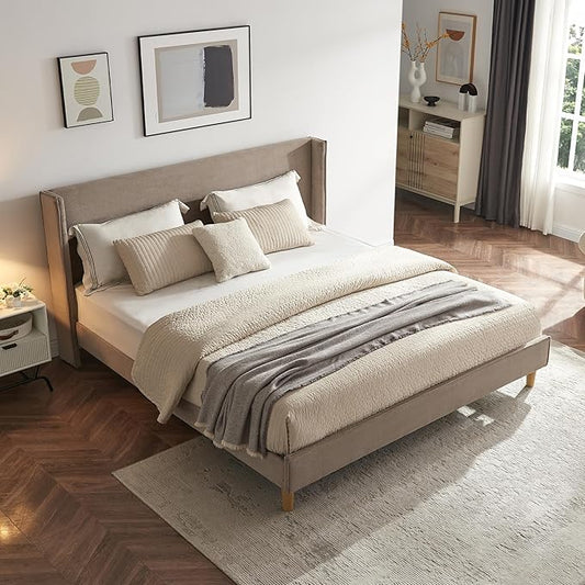 King Size Upholstered Platform Bed Frame with Modern Wingback Headboard, Corduroy Bed Frame with Underneath Storage, Wooden SLats Support, No Box Spring Needed, Easy Assenmbly, Mink