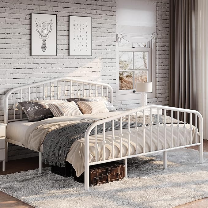 SHA CERLIN King Size Metal Platform Bed Frame with Victorian Style Wrought Iron-Art Headboard/Footboard, No Box Spring Required, White