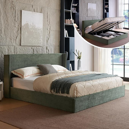 King Lift Up Storage Bed, Bed Frame with Storage, Modern Corduroy Upholstered Platform Bed with Wingback Headboard, Hydraulic Support, Wooden Slats, No Box Spring Needed, Easy Assembly, Turtle