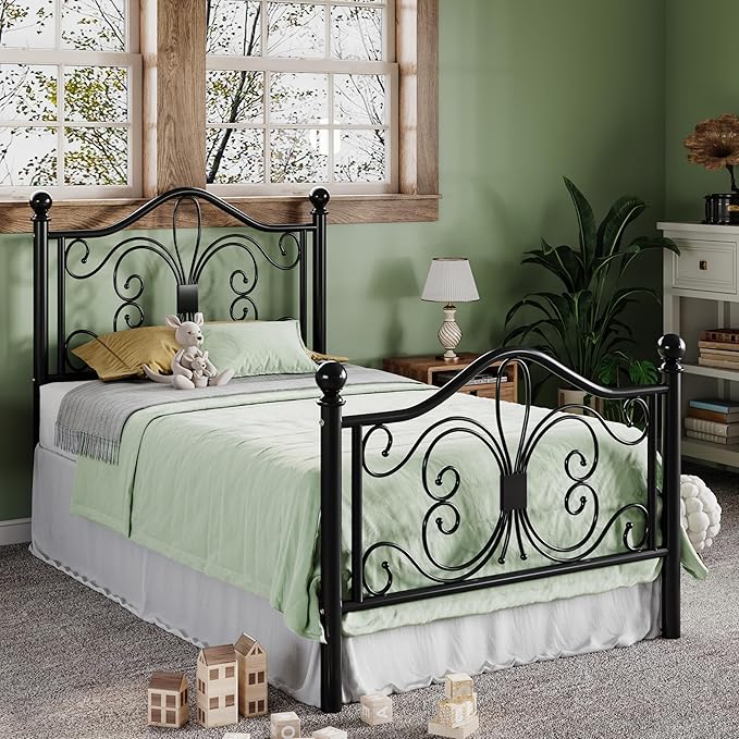 Allewie Twin Size Bed Frame for Kids,Metal Bed Frame with Butterfly Pattern Design Headboard and Footboard,No Box Spring Needed,Easy Assembly,Black