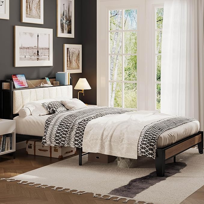 LIKIMIO Full XL Bed Frames, Storage Headboard with Charging Station, Solid and Stable, Noise Free, No Box Spring Needed, Easy Assembly, Wood and Cream