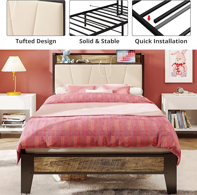 LIKIMIO Twin XL Bed Frames, Storage Headboard with Charging Station, Solid and Stable, Noise Free, No Box Spring Needed, Easy Assembly (Walnut and Beige)