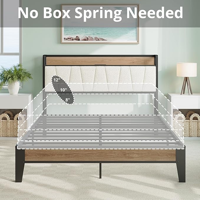 LIKIMIO Queen Bed Frames, Storage Headboard with Charging Station, Solid and Stable, Noise Free, No Box Spring Needed, Easy Assembly, Wood and Cream