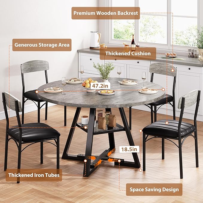 Round Dining Table Set for 4, Kitchen Table and Chairs for 4, Circle Table Round Pedestal Dining Room Dinner Dinette Table Set,5 Piece Space Saving Wood Kitchen & Dining Room Tables (Grey, 47In)