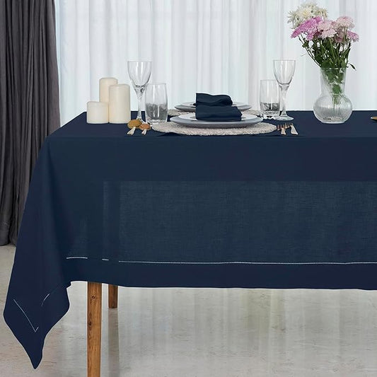 D'Moksha Homes Navy Blue Linen Tablecloth for Rectangle Tables 60 x 84 Inch - Classic Hemstitch 100% Pure Linen Navy Table Cloth - Machine Washable Dining Tablecloth for Christmas