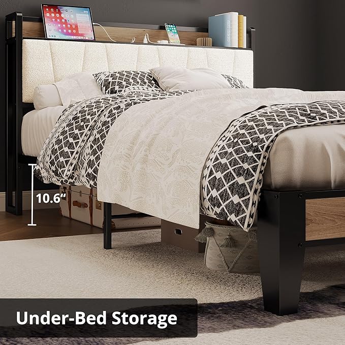 LIKIMIO Full XL Bed Frames, Storage Headboard with Charging Station, Solid and Stable, Noise Free, No Box Spring Needed, Easy Assembly, Wood and Cream