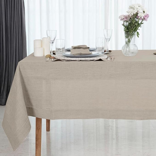 D'Moksha Homes Natural Linen Tablecloth 60 x 108 Inch - 100% Pure Linen Natural Table Cloth for Rectangle Tables - Classic Hemstitch, Machine Washable Tablecloth for Christmas, Holiday