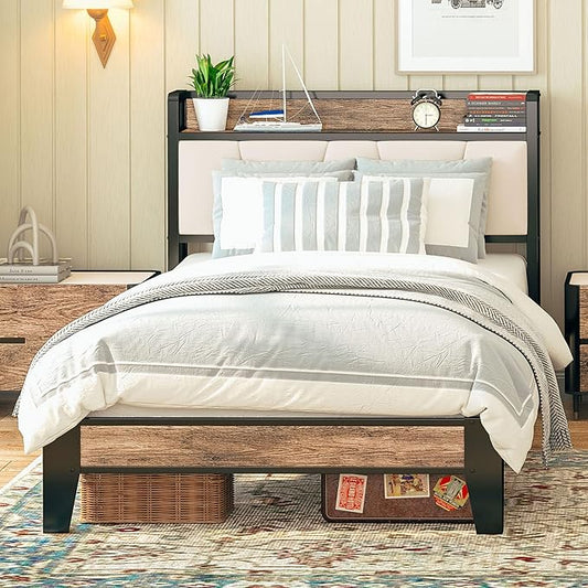 LIKIMIO Twin Bed Frames, Storage Headboard with Charging Station, Solid and Stable, Noise Free, No Box Spring Needed, Easy Assembly (Walnut and Beige)