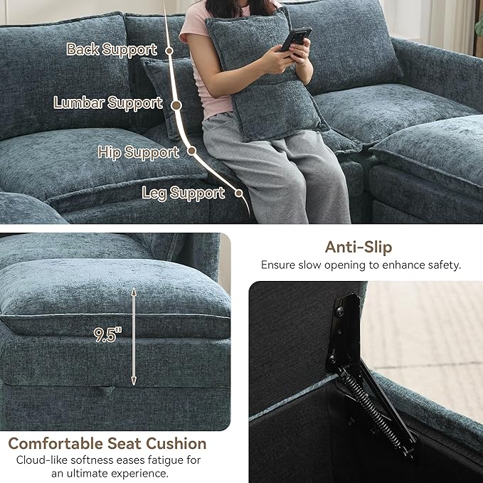 30" Cloud Modular Single Sofa Chair with Storage, Modern Upholstered Accent Chair Deep Seat, Chenille Reading Lounge Armchair for Living Room, Bedroom, Small Space, Blue