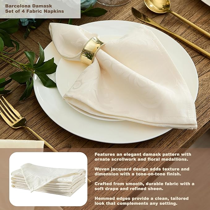 Newbridge Barcelona Luxury Damask Fabric Tablecloth, 60” Wide x 84” Oval, Antique White, 100% Polyester, No Iron, Soil Resistant Dining Room, Party and Banquet Table Cover