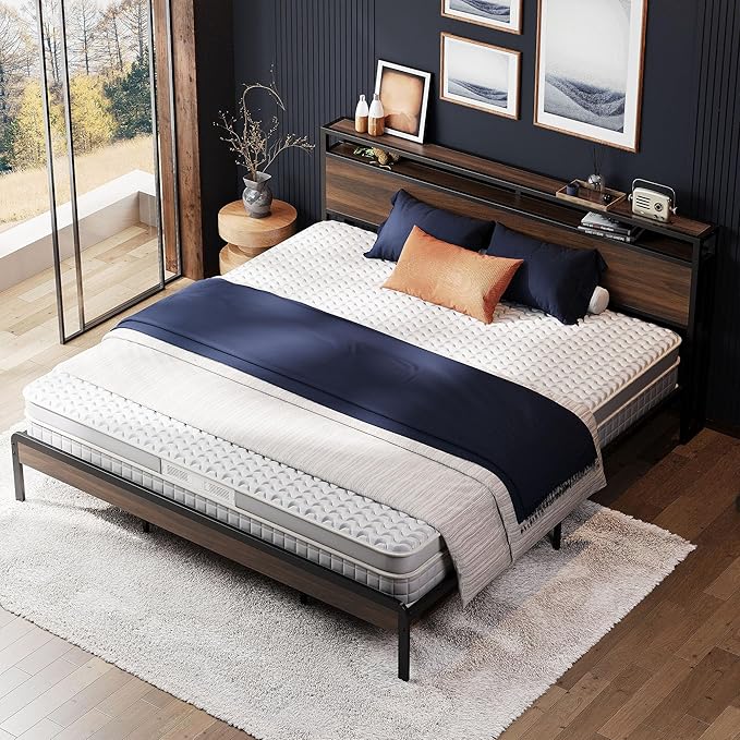 LIKIMIO King Bed Frame with Headboard, Dark Wood Camas King with Strong Supports, Sturdy, Noise-Free, No Box Spring Needed, Dark Walnut