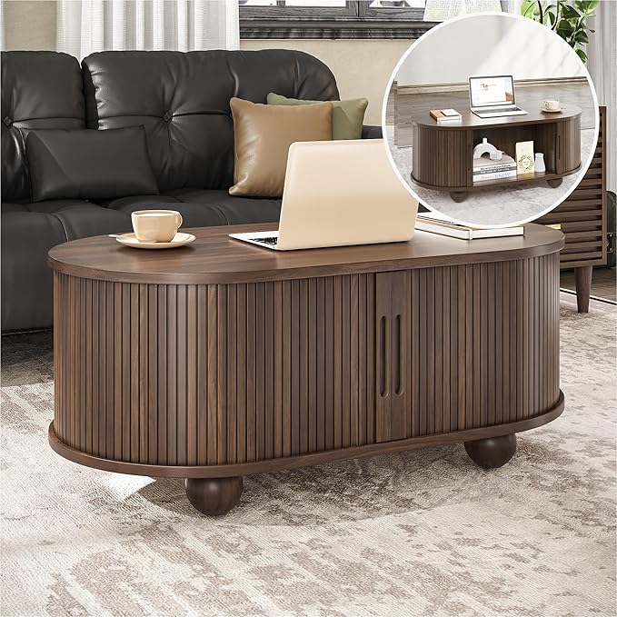 Alohappy Oval Coffee Table, Mid Century Modern Coffee Table with Sliding Tambour Doors, Fluted Center Table with Hidden Storage for Living Room, Dining Room, Apartment, Home Office, Walnut