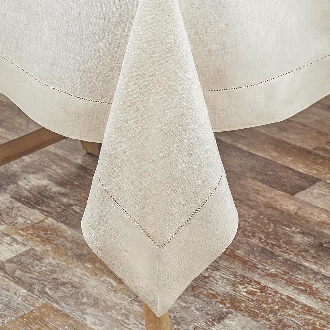 D'Moksha Homes Light Natural Linen Tablecloth for Rectangle Tables 60 x 90 Inch - 100% Pure Linen Natural Table Cloth - Classic Hemstitch, Machine Washable Tablecloth for Christmas