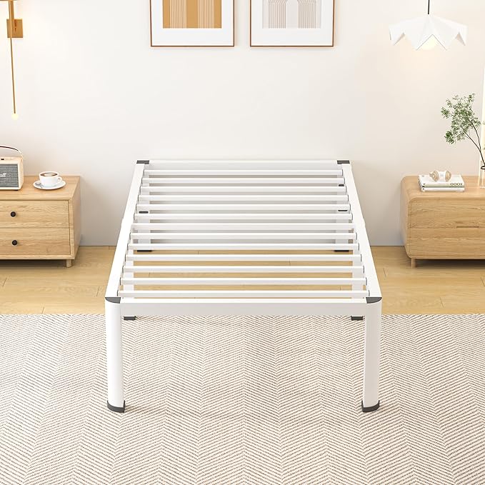 14 Inch Twin Bed Frame, Metal Platform Bed Frame with Round Corner Legs, 3500 lbs Heavy Duty Steel Slats Support, No Box Spring Needed, Noise Free, Easy Assembly, White