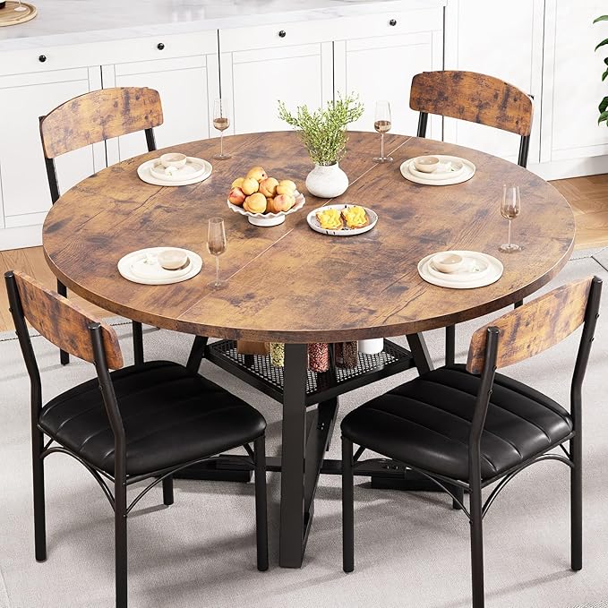 Round Dining Table Set for 4, Kitchen Table and Chairs for 4, Circle Table Round Pedestal Dining Room Dinner Dinette Table Set,5 Piece Space Saving Wood Kitchen & Dining Room Tables (Vintage, 42In)