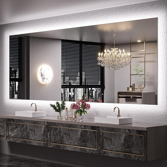 Keonjinn 96 x 36 Inch Large LED Bathroom Mirror with Lights, Oversize Backlit Mirror 3 Colors Warm/Natural/White Lights, UL Listed LED Driver,Wall Mounted Anti-Fog Dimmable Lighted Vanity Mirror