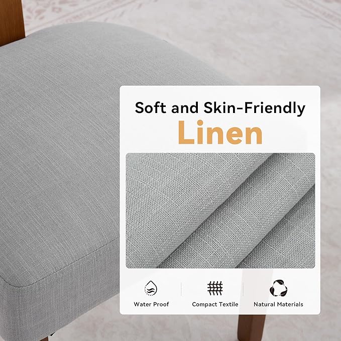 FOXHUNTER Upholstered Dining Chairs Set of 6, Modern Wooden Armless Kitchen Chairs with Curved Backrest, Mid-Century Farmhouse Dining Side Chairs, Linen Gray