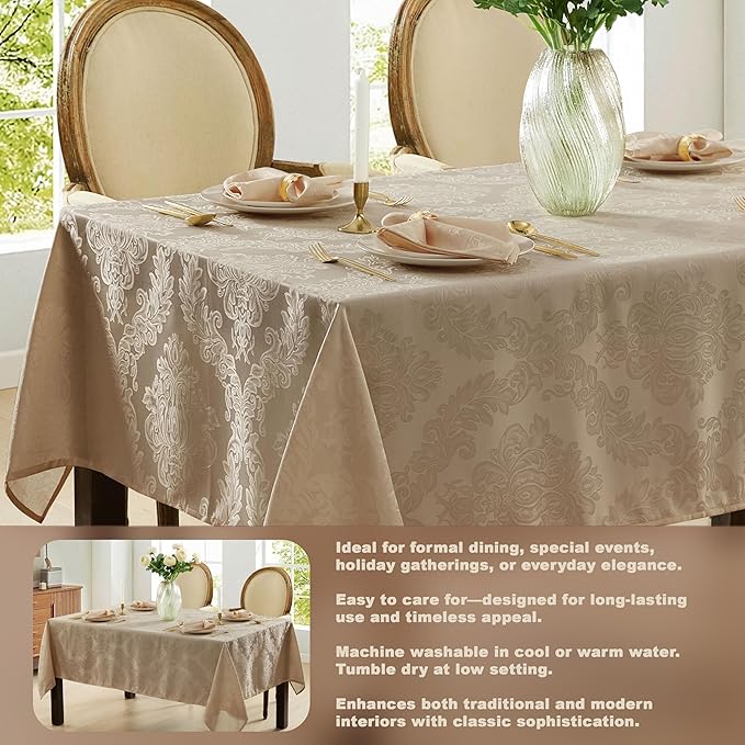 Newbridge Barcelona Luxury Damask Fabric Tablecloth, 52” Wide x 70” Rectangle, Golden Beige, 100% Polyester, No Iron, Soil Resistant Dining Room, Party and Banquet Table Cover