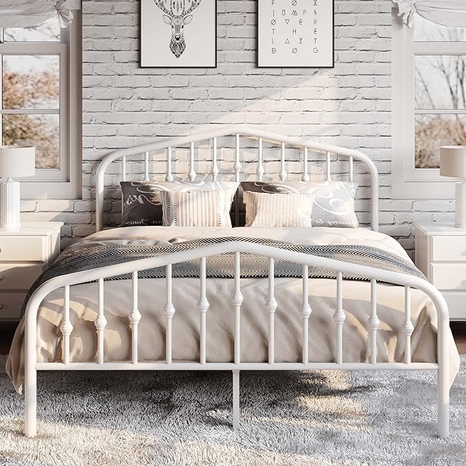 SHA CERLIN Full Size Metal Platform Bed Frame with Victorian Style Wrought Iron-Art Headboard/Footboard, No Box Spring Required, White