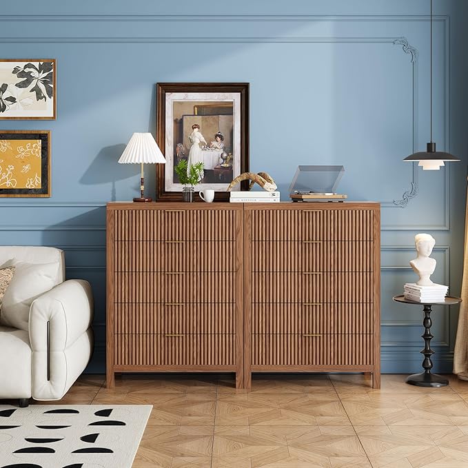 10 Drawer Dresser, 43" Tall Dresser Organizer TV Drawer Cabinet Modern Wood Storage Cabinet, Modern Wood Storage Cabinet for Bedroom, Hallway, Entryway, Walnut Oak X 2