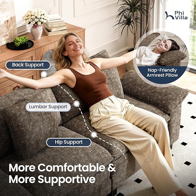 PHI VILLA Oversized Single Sofa with Deep Seat, Armchair for Small Spaces Bedroom Reading Modern, 1 Seater Comfy Reading Accent Chair, Chenille Fabric, Taupe