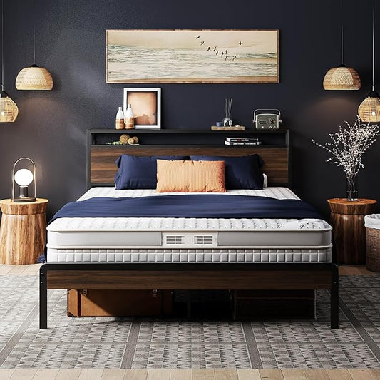 LIKIMIO Queen Bed Frame with Headboard, Dark Wood Camas Queen with Strong Supports, Sturdy, Noise-Free, No Box Spring Needed, Dark Walnut