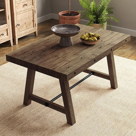 Farmhouse Dinning Table Solid Wood Rustic Kitchen Table for 4-6 People, 59" Wooden Rectangular Kitchen Table with Trestle Base for Dining/Kitchen Room, Walnut