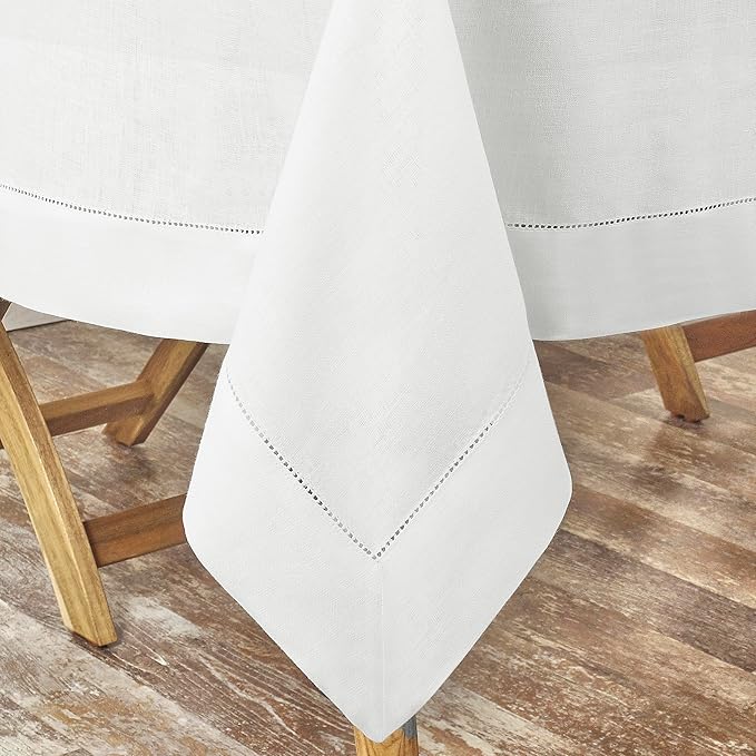 D'Moksha Homes White Linen Tablecloth for Rectangle Tables 60 x 144 Inch - 100% Pure Linen White Table Cloth - Classic Hemstitch, Machine Washable Dining Tablecloth for Christmas