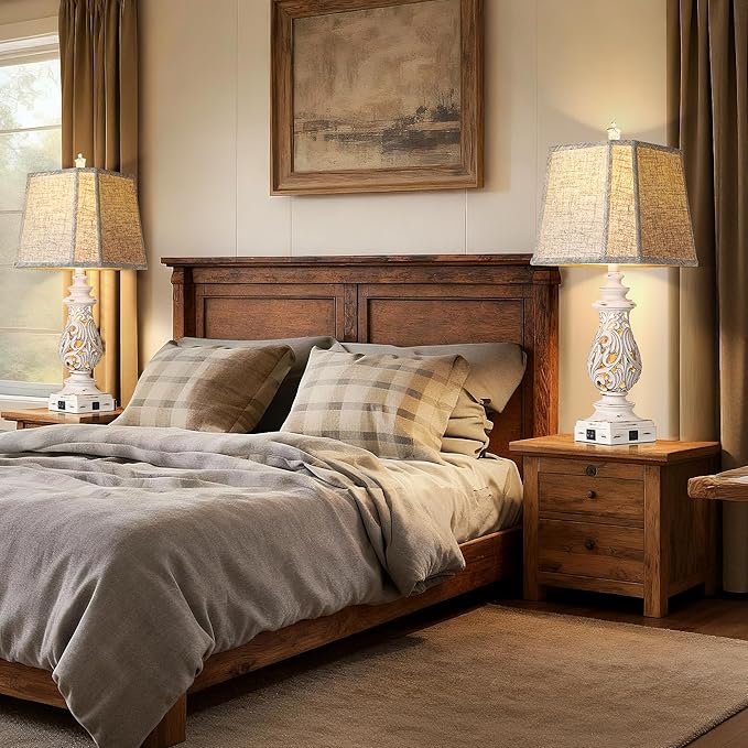PARTPHONER 29" Table Lamps Set of 2, Bedside Lamps with USB A+C Ports & Night Light, Farmhouse Nightstand Lamps with Linen Fabric Shades for Bedroom Living Room, Antique White (LED Bulbs Included)