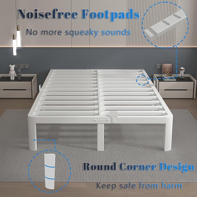 12 Inch Queen Bed Frame with Metal Gaskets, White Bed Frame Queen Size No Box Spring Need, Heavy Duty Steel Platform Support, Round Corner Design, Reserved Holes, Noiseless, Storgae Space