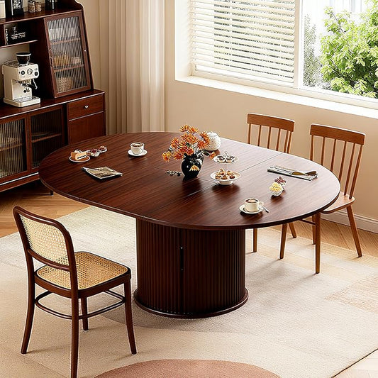 Extendable Round/Oval Dining Table Seats 2-4-6, 59" Modern Farmhouse Design with 2-Tier Storage & Fluted Slide Door, Dining Room Kitchen Furniture (Walnut, 59 inches)