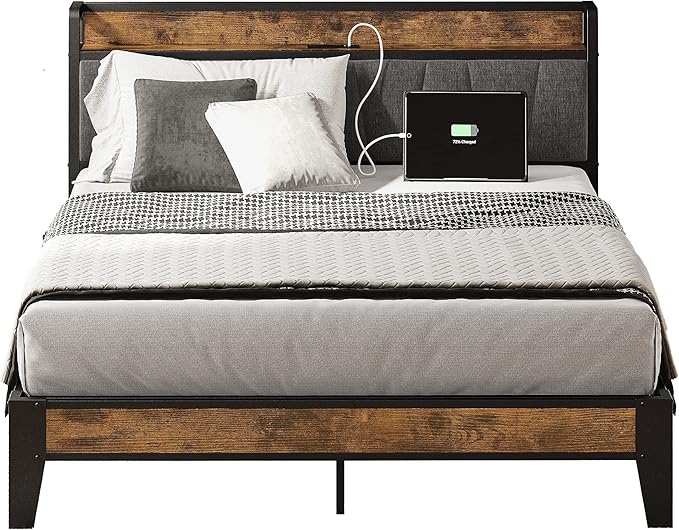 LIKIMIO Full Bed Frame, Storage Headboard with Charging Station, Solid and Stable, Noise Free, No Box Spring Needed, Easy Assembly