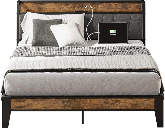 LIKIMIO Full Bed Frame, Storage Headboard with Charging Station, Solid and Stable, Noise Free, No Box Spring Needed, Easy Assembly