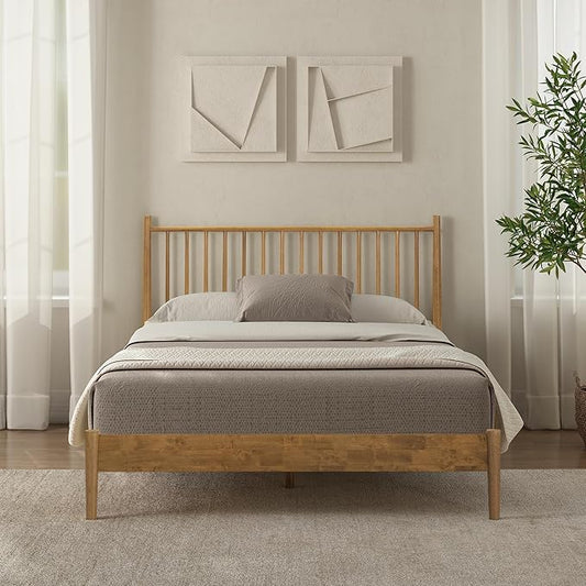 NTC Inno Wooden Bed Frame with Headboard, Solid Oak and Rubber Wood Foundation with Silent Slats and Wood Central Supports, 1000 Lb Capacity, Effortless Assembly, Queen - Teak Look