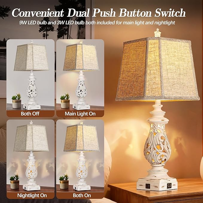 PARTPHONER 29" Table Lamps Set of 2, Bedside Lamps with USB A+C Ports & Night Light, Farmhouse Nightstand Lamps with Linen Fabric Shades for Bedroom Living Room, Antique White (LED Bulbs Included)