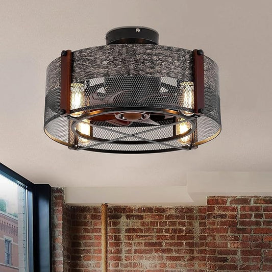 SHIHOT 19“Caged Ceiling Fan with Lights and Remote, Small Farmhouse Low Profile Ceiling Fan Light, Black Bladeless Ceiling Fans for Bedroom Kitchen,Reversible