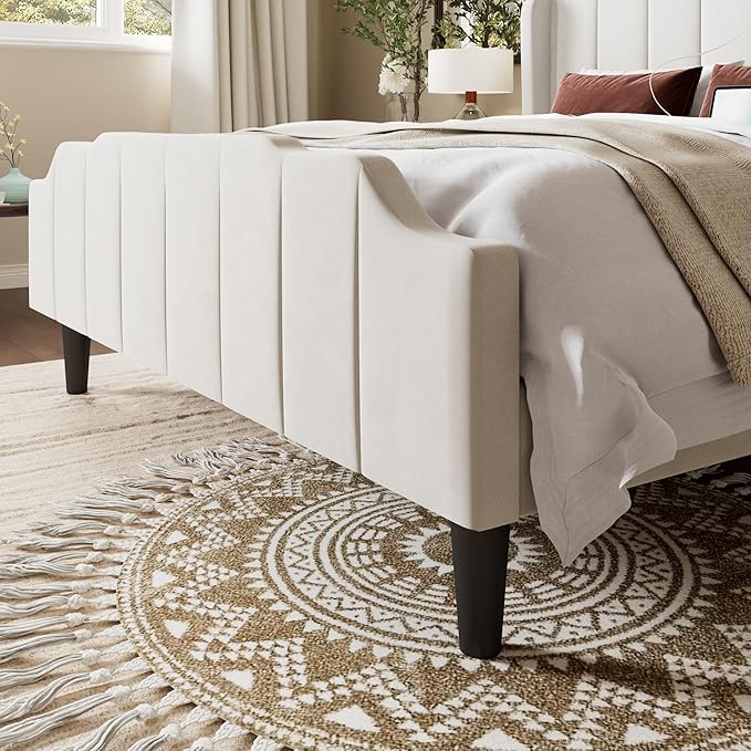 Allewie Vintage Queen Size Velvet Platform Bed Frame with Curved Vertical Tufted Wingback Headboard and Footboard, Charging Station, Easy Assembly, Under Bed Storage, No Box Spring Required, White