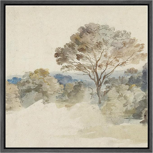 SIGNFORD Framed Canvas Print Wall Art Antique Watercolor Landscape Gentle Trees Nature Wilderness Illustrations Rustic Zen Colorful for Living Room, Bedroom, Office - 16"x16" Black